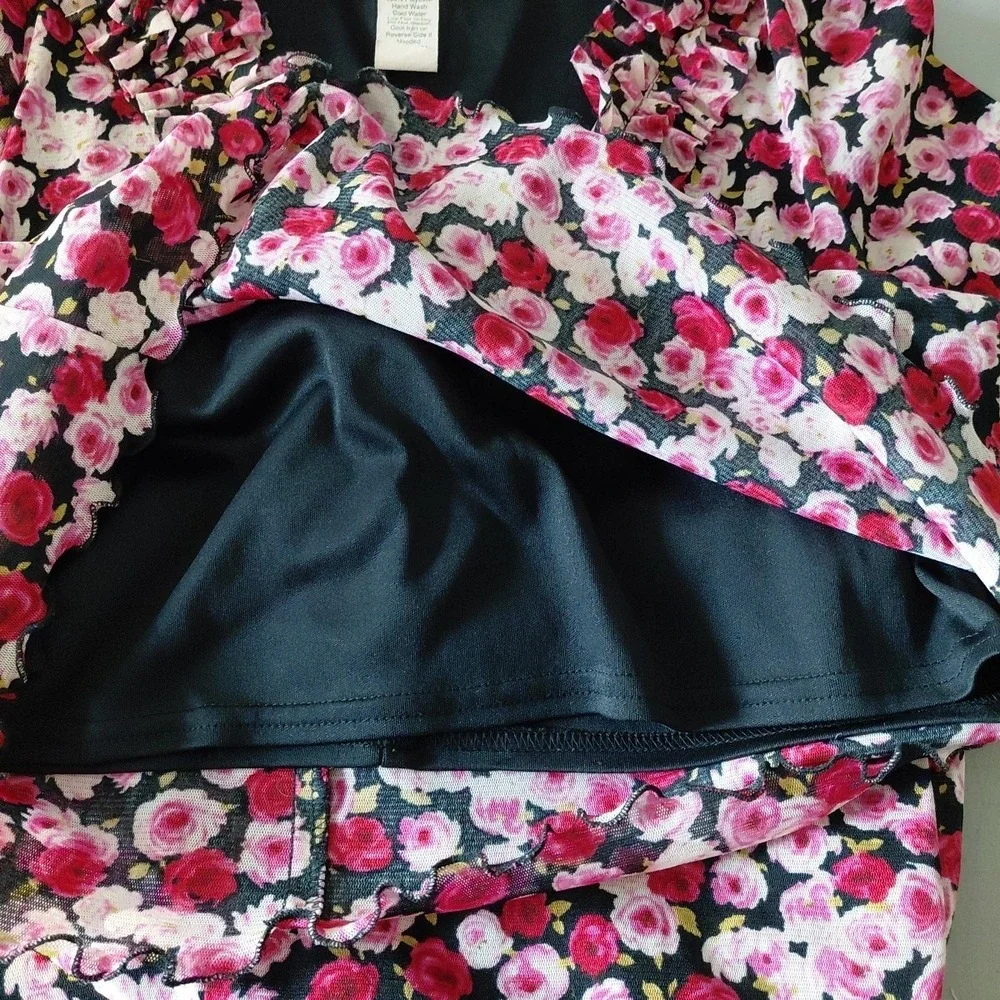 VTG Y2K 90s Zinc Mesh Dress XS/S Pink Red Floral Fairy Romantic Stretch Ruffle‎ - Picture 9 of 13